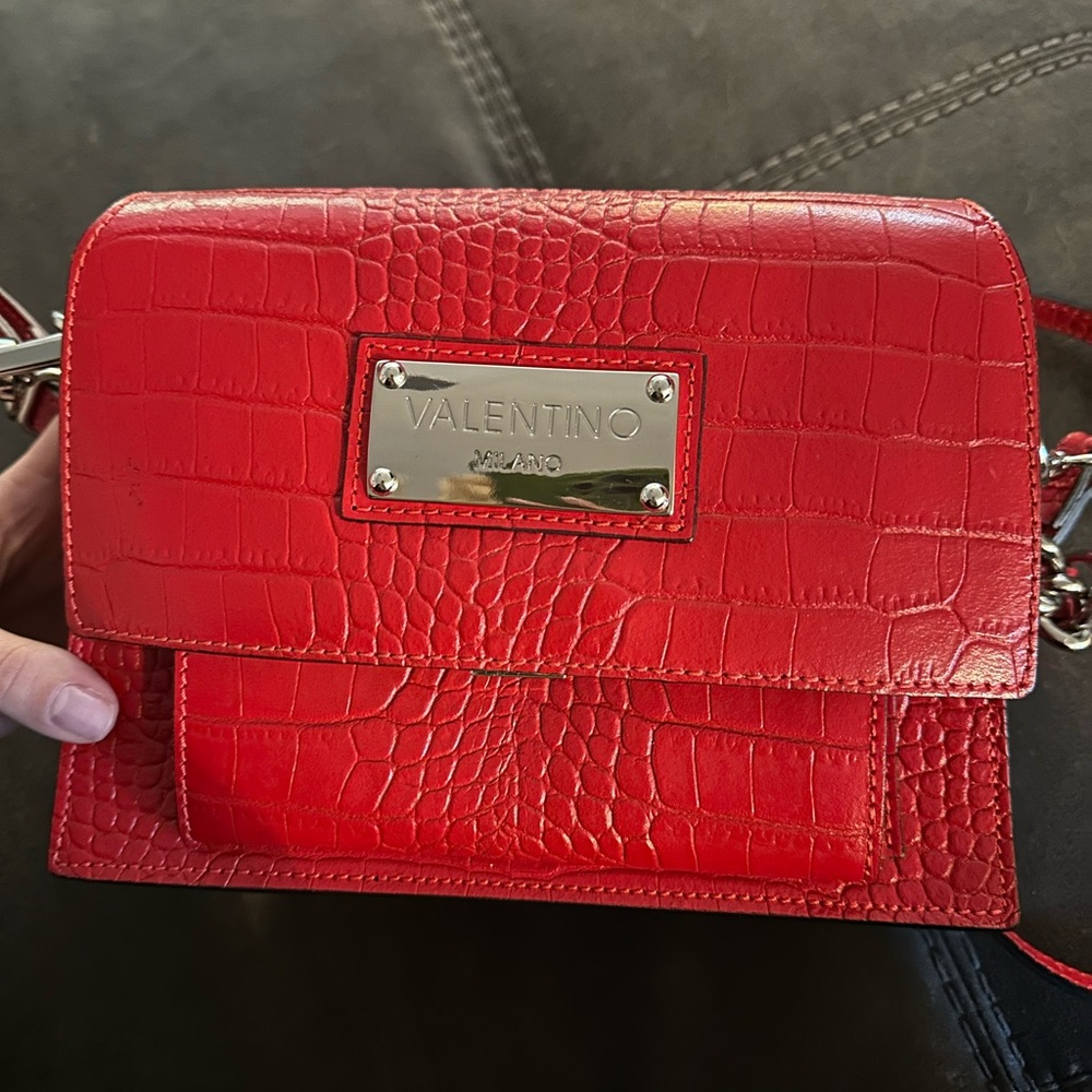 Mario Valentino Red Croc-Embossed Crossbody Bag